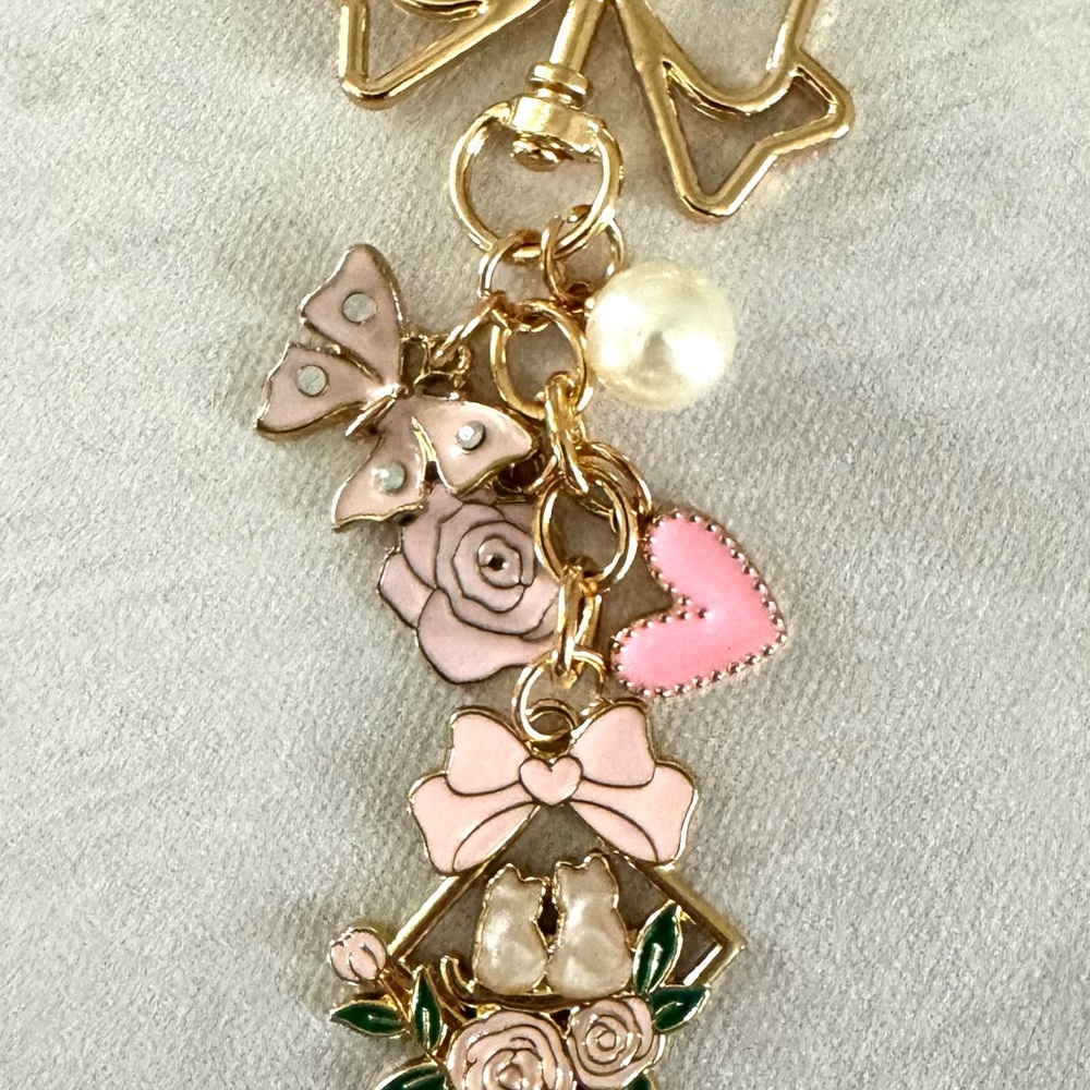 Adorable Gold and Pink Charm Keychain or Bag Charm - Flower, Butterfly, Heart